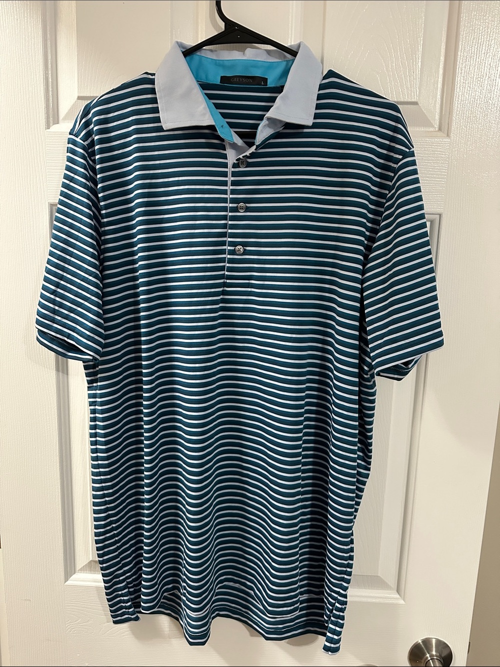 Greyson Teal & White Striped Polo with Light Gray Collar